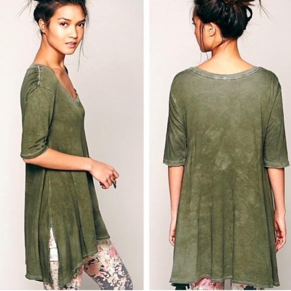 Free People Tops - Free People Green Melrose Swing Tunic Top Size Small Green Oversized Raw Edges